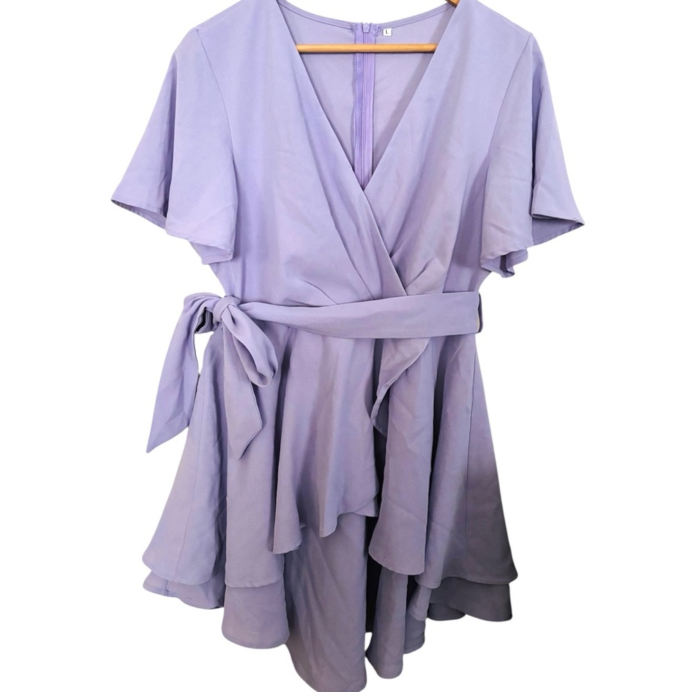💥 Cosonsen Lavender Purple V-Neck Ruffled Mini Swing Dress